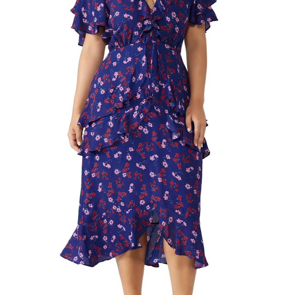 Floral Ruffle Midi Dress - Blue and Red